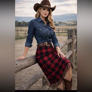 Double D Ranch Red and Black Buffalo Plaid Fringe Midi Skirt